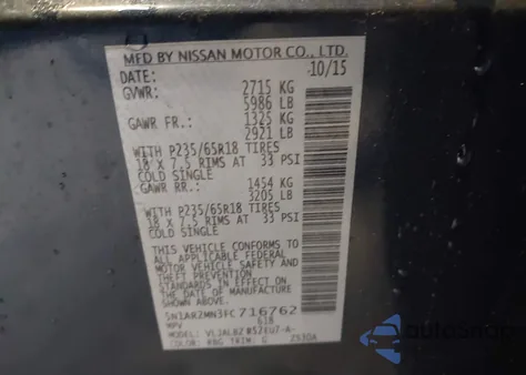 2015 Nissan Pathfinder S z USA, uszkodzony, nr VIN 5N1AR2MN3FC716762